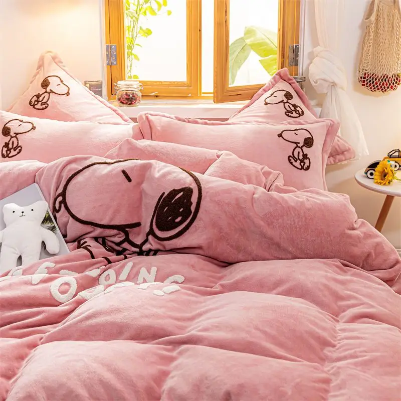 Snoopy coral velvet four-piece winter thickened double-sided velvet quilt cover children's warm three-piece flannel sheet set