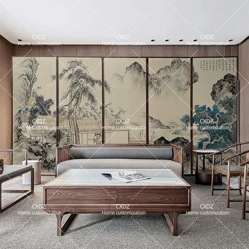 New Chinese Style Living Room Tea Room Screen Partition Black Walnut Solid Wood Zen Entrance Landscape Folding Screen