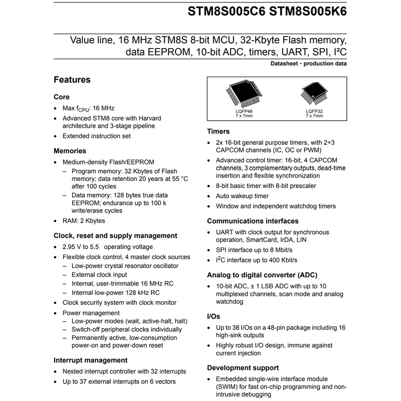 STM8S005C6T6TR LQFP-48 (7x7) STM8S005C6T6 2PCS STM8S005 Microcontrolador de chip único (MCU MPU SOC)