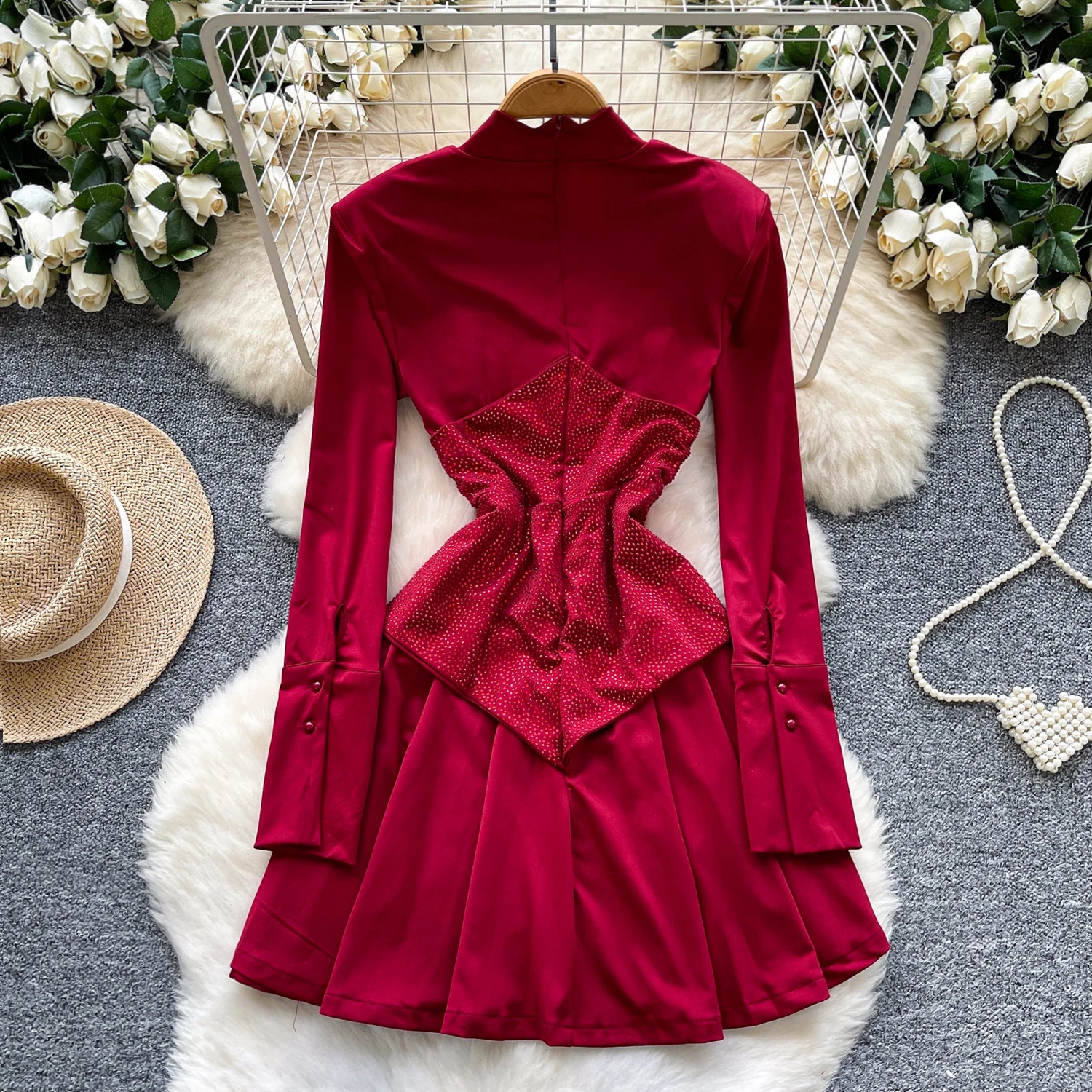 فستان أنيق أنيق بأكمام طويلة غير متماثل مقسم فساتين حفلات الموضة الكورية ملابس نسائية #2