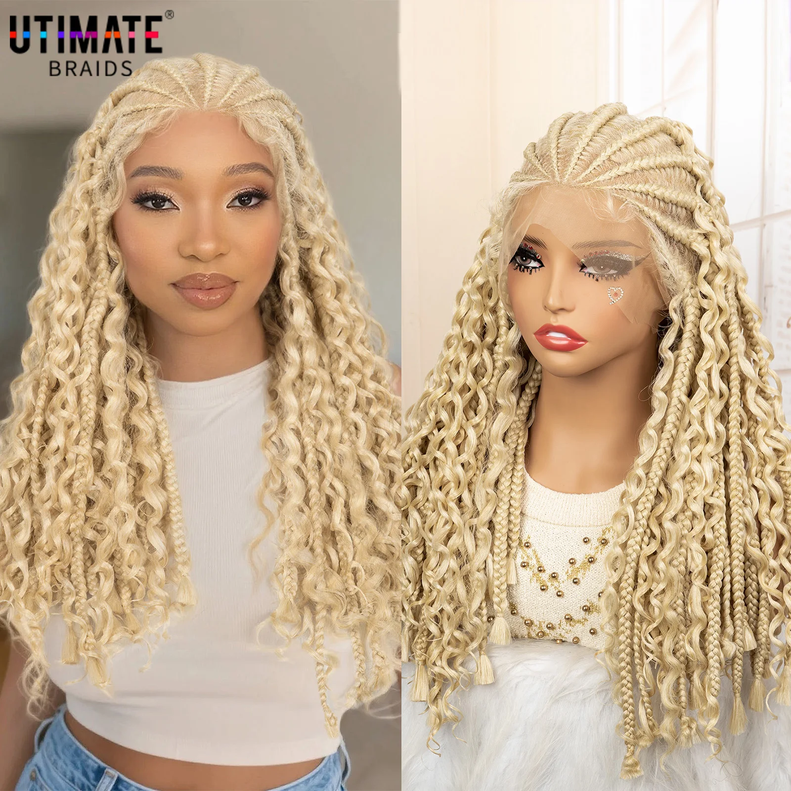 

Synthetic Full Lace Wig 613 Color Blonde Boho Braided Wigs Goddess Cornrow Braiding Wigs Knotless Box Braids Wig for Black Women