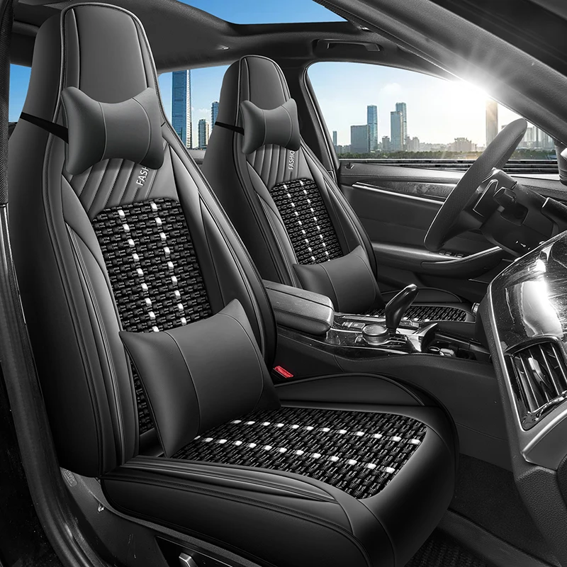 

Ice silk material front two-seater car seat cover, headrest and lumbar support, suitable for front one-piece head seat models