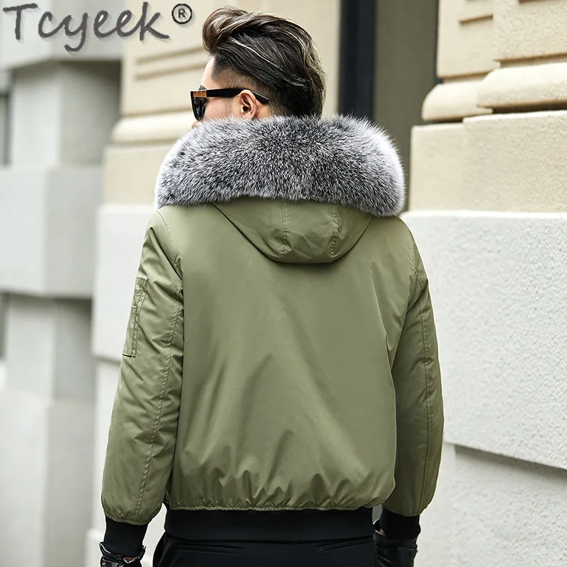 Tcyeek Real Rabbit Fur Coat Men Fashion Real Fur Jackets for Man Winter Jacket Warm Fox Fur Collar Slim Fit Men's Coats Trend