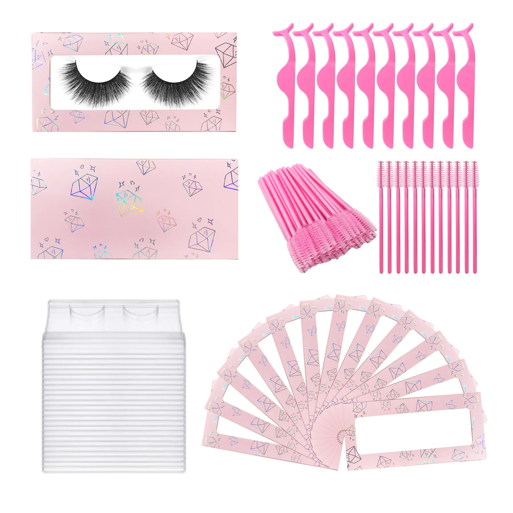 Wholesale Eyelashes Paper Box With Lash Trays Brush Tweezers Applicator For Fluffy Natural Long Wispy Strip Mink Lashes