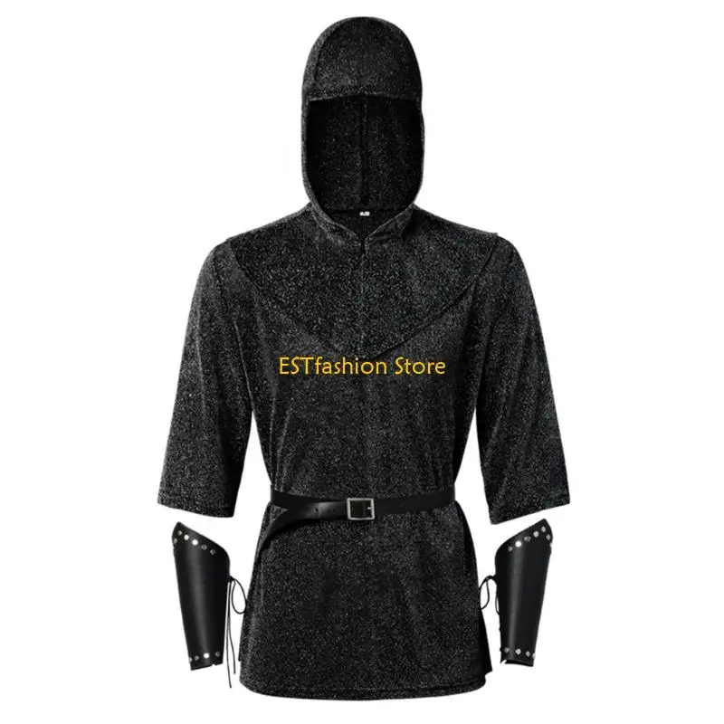 Y5GC Renaissances Chain Mail Armors Tunics Coif Cowl Belt Bracers Set Medieval Knightess Costume Outfit Halloween Costume