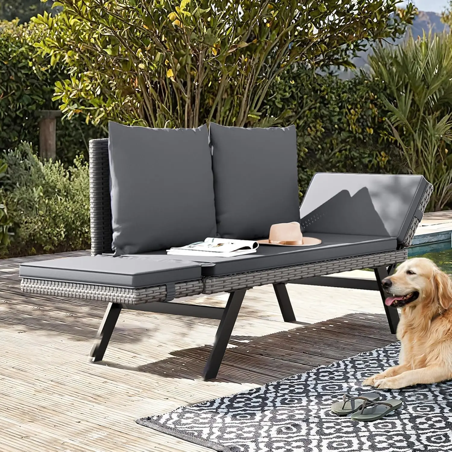 

Outdoor Convertible Sofa, Woven Rattan Patio Furniture Sunbed with Adjustable Armrests, Removable Cushions and Pillows for Patio