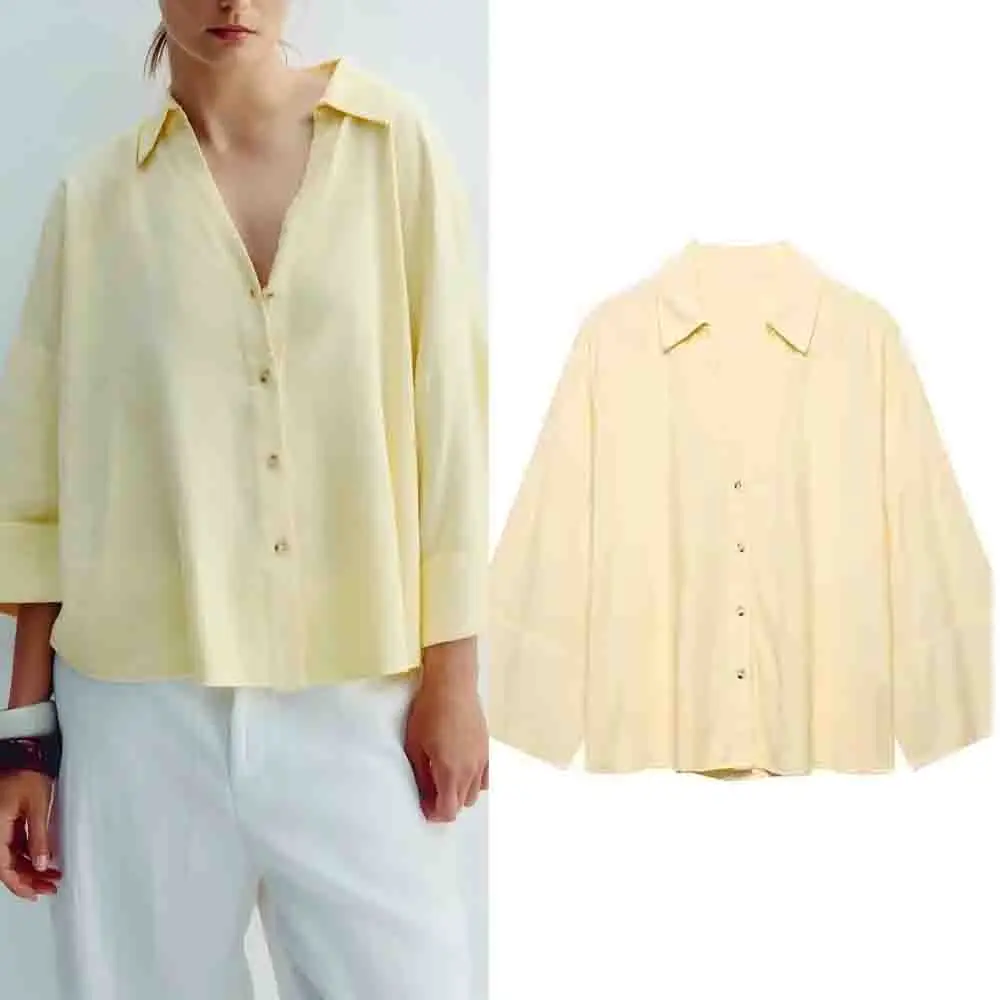 

Women's 2025 new fashion loose linen blend shirt casual wide sleeved shirt retro lapel button up women's shirt chic top
