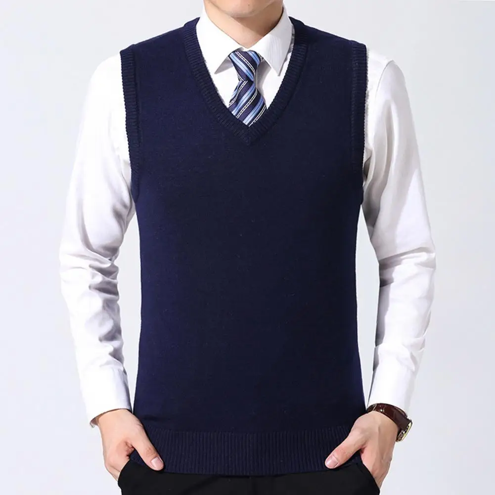 High Quality Men Sweater Vest Solid V Neck Sleeveless Anti Pilling Knitwear Autumn Winter Ribbed Bottom Waistcoat Streetwear