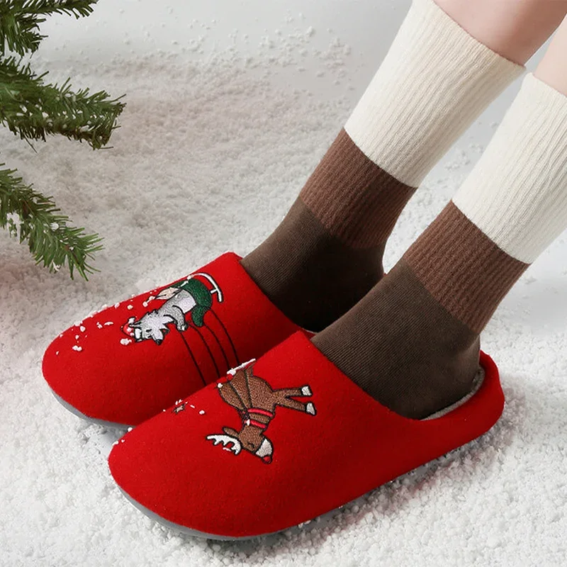 Christmas Cute Dog Embroidery Home Warm Slippers Winter Red Plush Flat Heels Indoor Shoes Couple Short Plush Non-Slip Slides 45