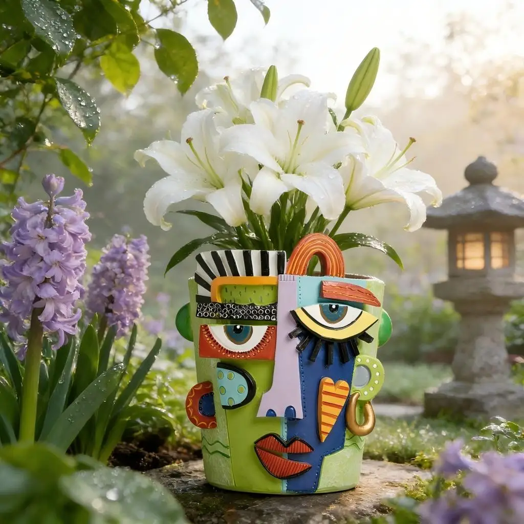 Abstrakter Gesichts-Blumentopf Dekorativer Pflanzkübel Picasso-Vasen Balkon Sukkulenten-Pflanzenhalter Ornament Heim-Garten-Deko-Accessoire – Detail 1
