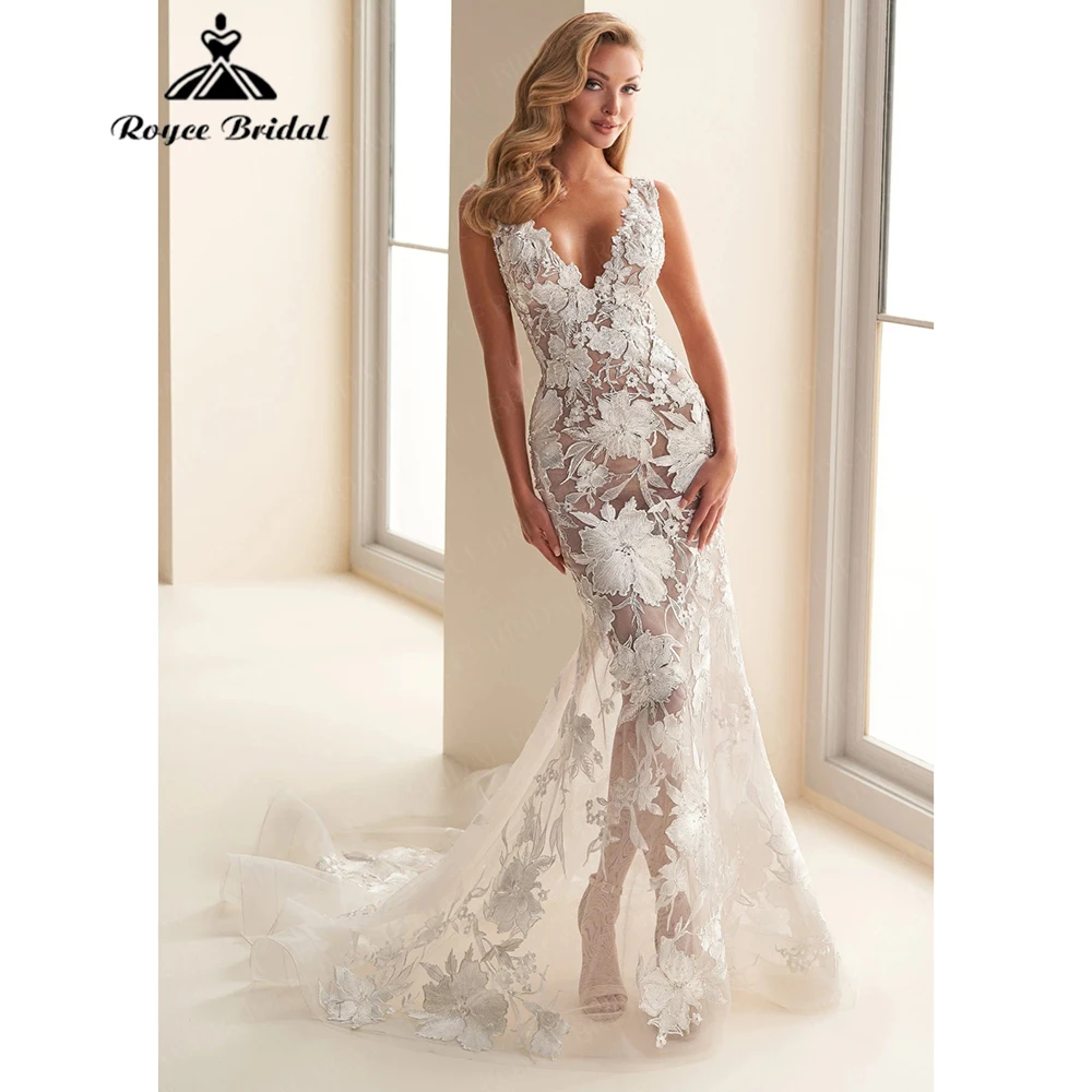 

Roycebridal 2025 New Boho Sexy V Neck Full Lace Mermaid Wedding Dress Sheer Strap Sweep Train Bridal Gowns Customized Vestidos