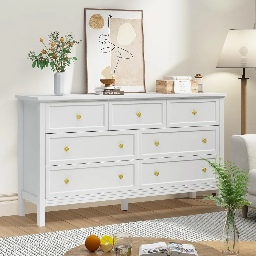 7 Drawer Dresser with Wide Drawers and Gold Metal Handles, 55