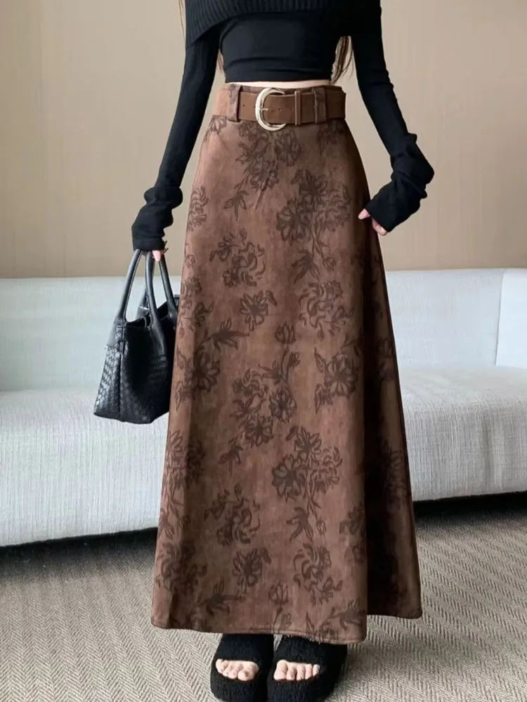 Fashion Vintage Long Skirts High Waist Print Belt Female Slim Elegant Skirt Spring Autumn New All Match Women's Clothing
