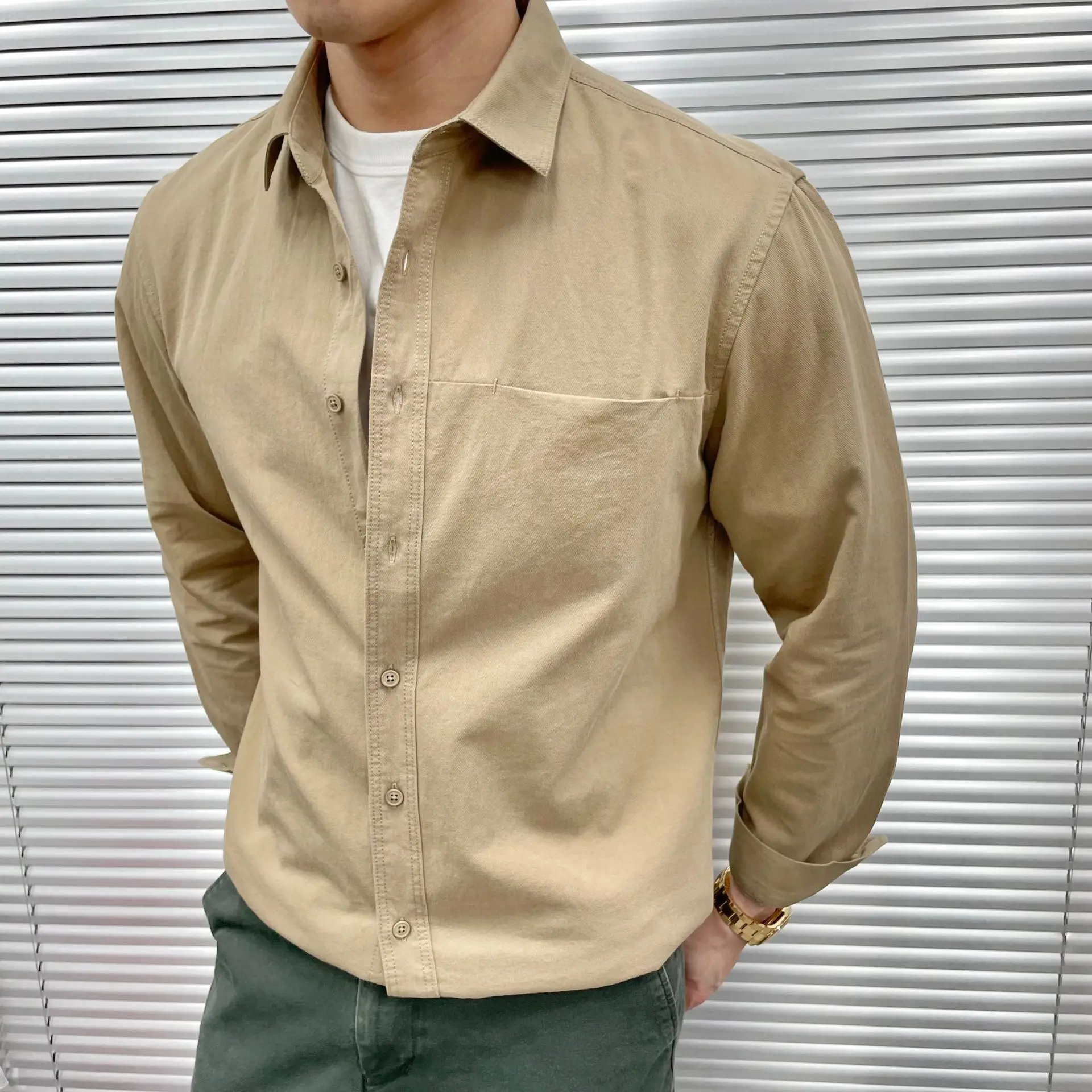 Cotton Minimalist Casual Shirt Men's Long Sleeved Spring Japanese Style Youthful Top Solid Color Shirt Tops Men's Wear