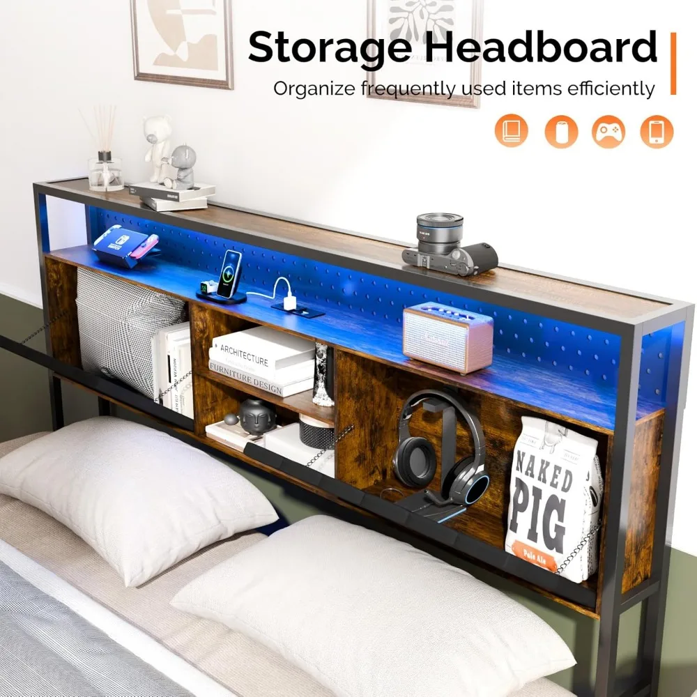 إطار سرير عائم بحجم كينج مع إضاءة LED ومحطة شحن، ولوح رأسي مخملي مع مساحة تخزين وتصميم مريح