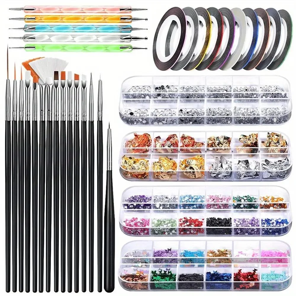 

34 piece brush, rhinestone, gold and silver thread set with diverse styles suitable for home/nail salon use