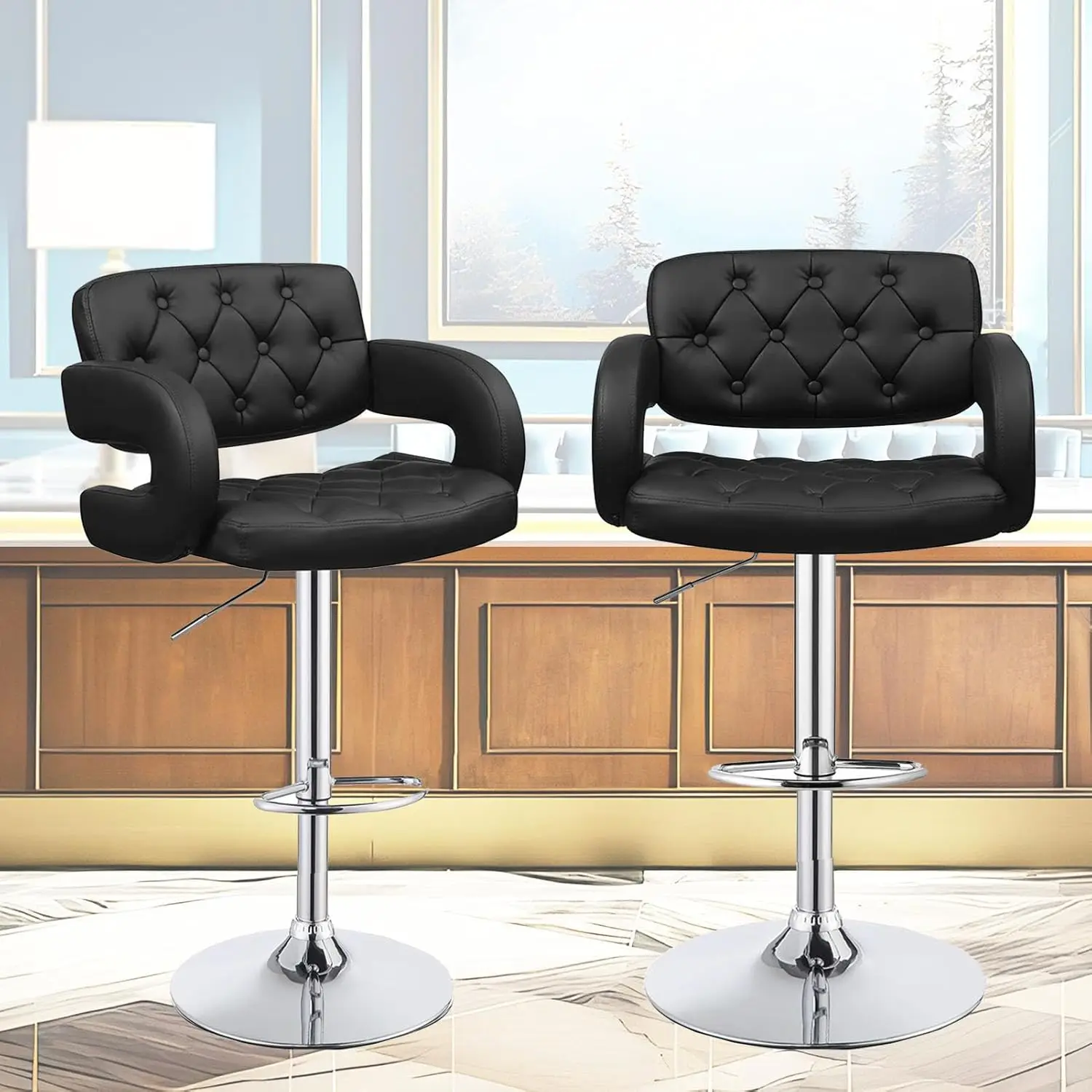 Adjustable Swivel Bar Stools, Pu Leather Bar Chairs, Kitchen Island Stools With High Backrest, Stainless Steel Frame, Counter