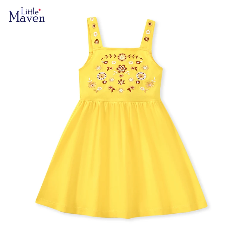 Little maven 2024 Kids Clothes Girls Casual Cotton Summer Yellow Embroidery Cartoon Flowers Dress for Toddler Infant Children