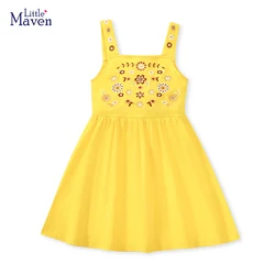 Little maven 2024 Kids Clothes Girls Casual Cotton Summer Yellow Embroidery Cartoon Flowers Dress for Toddler Infant Children