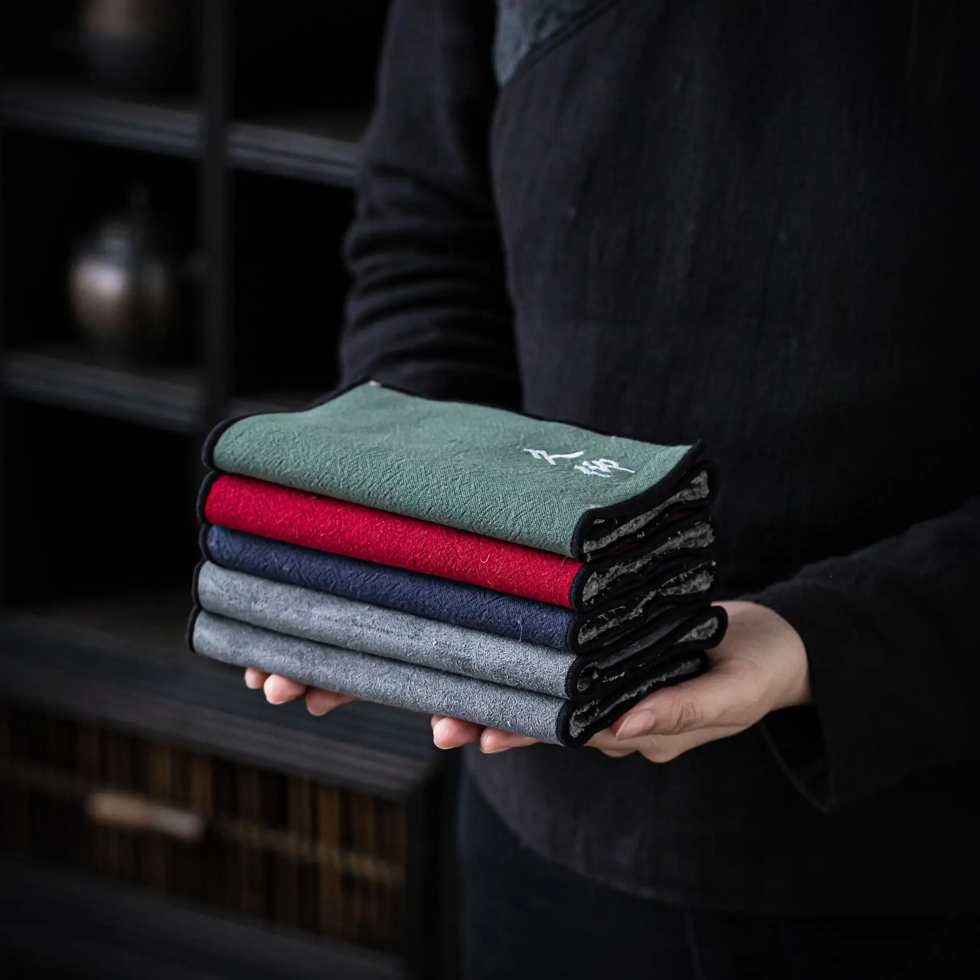 Tea Towel Water Absorbent Lint Free Premium Cotton Linen Simple Embroidery Zen Gongfu Tea Cloth Tea Ceremony Accessories