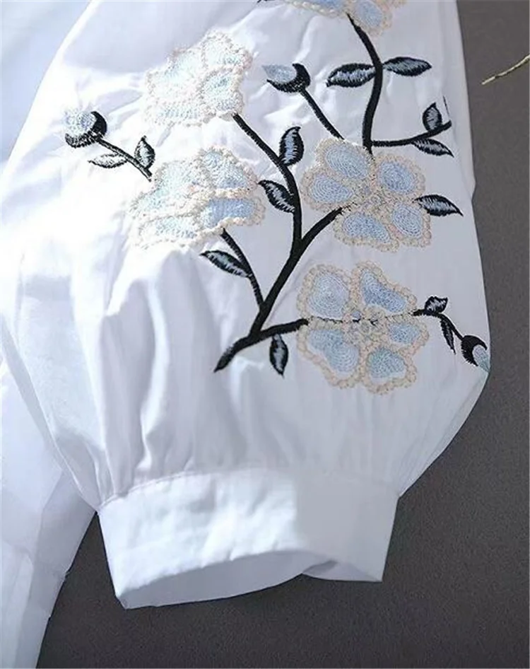 Retro Embroidery Blouses Women Shirt Thin Summer Top Lantern sleeve Lapel Loose Pullover Half-Sleeve Literature Art Female Blusa