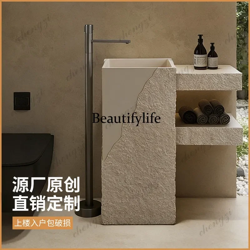 NQ52  wabi-sabi style with countertop rack wash basin, bathroom integrated floor-to-ceiling wash table custom column basin