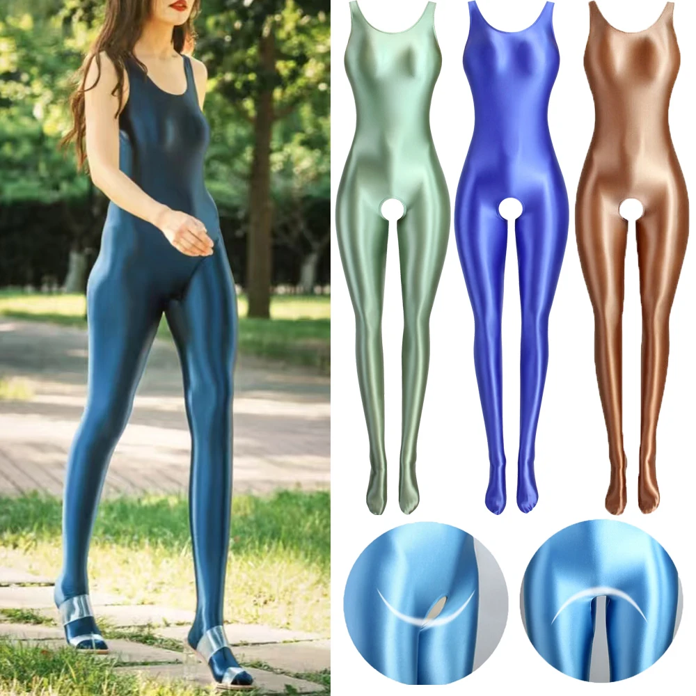 MJINM Women Stretch Round Neck Sleeveless Tights Full Length Jumpsuit Fitness Yoga Bodysuits Zentai Open Crotch Spendex Overalls