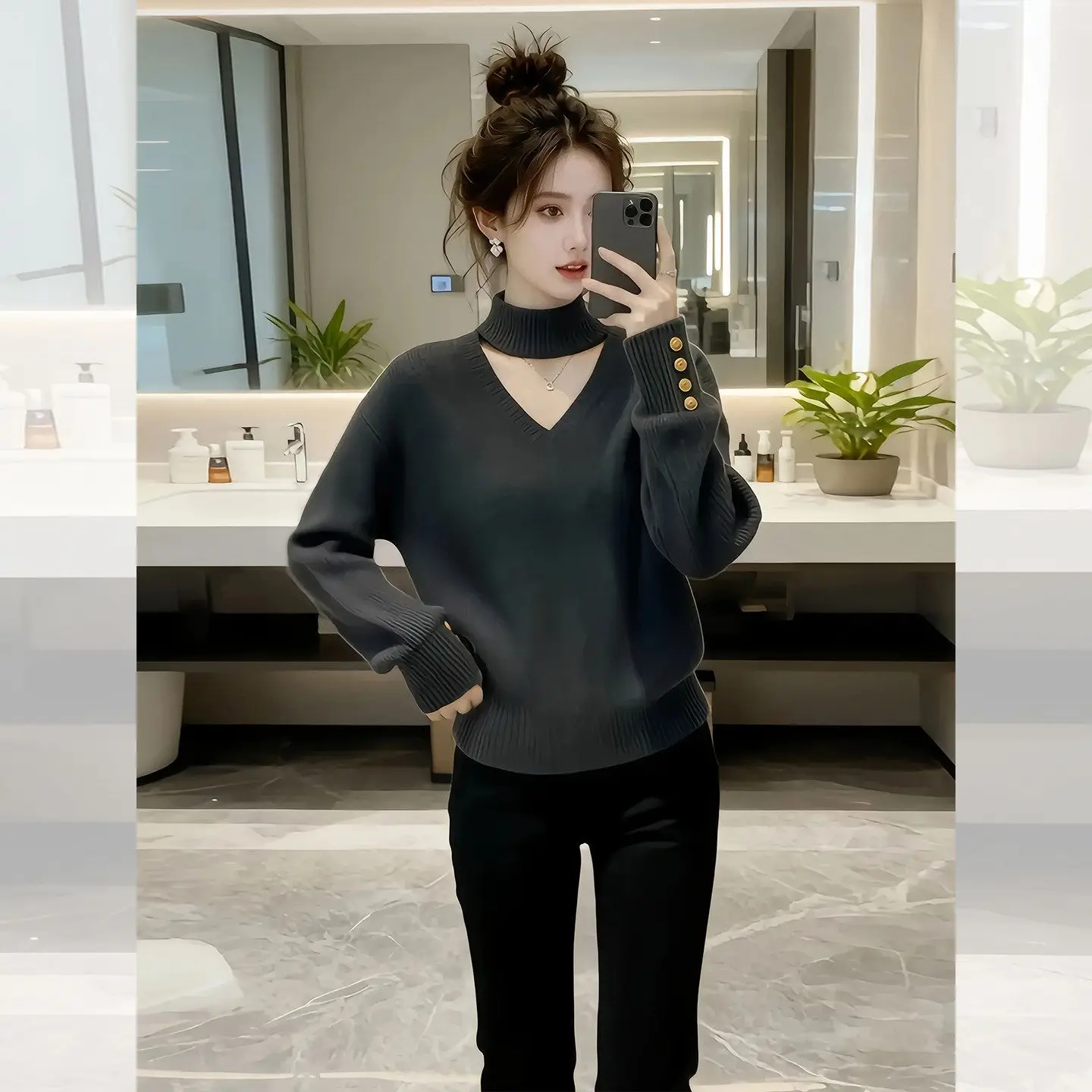 

Pullover Korean Lazy Wind Dark Gray V-Neck Waist Knitted Sweater Women's Autumn And Winter Super Fire Niche Non-CollisionTop