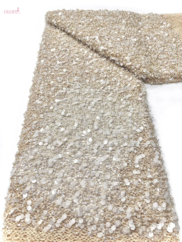 

OLOEY High Quality African Beads Lace Fabric Tulle Embroidery French Nigerian Sequins for Party Dresses