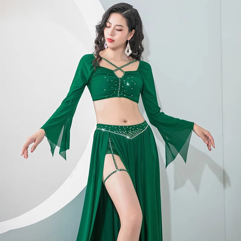 Sexy Group Dance Clothes Practice Suit Belly Dance Costume Set Drilling Hot Long Skirt Sheer Mesh Silky Outfit for Girls