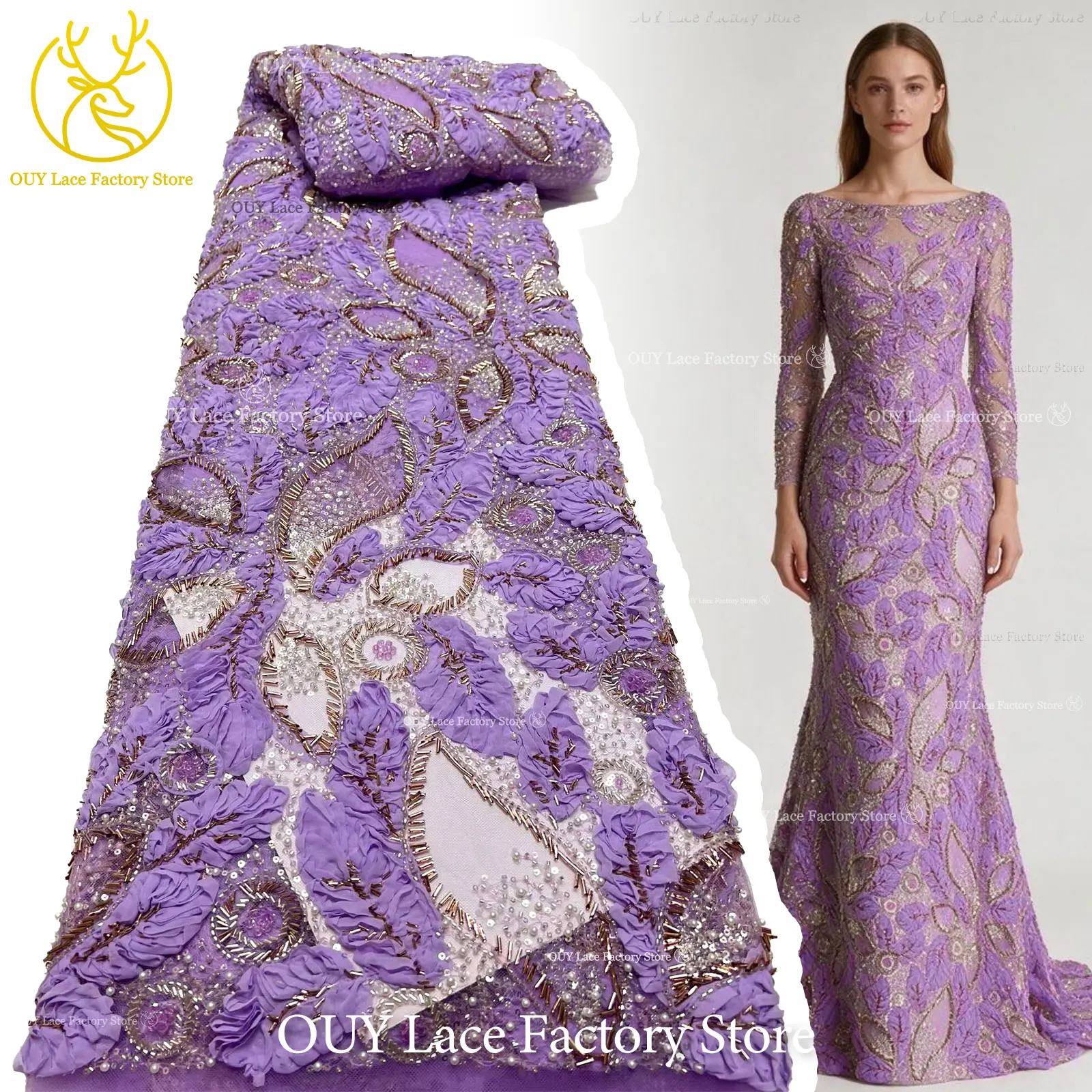 High Quality African Lace Fabric, Premium Purple Hand Embroidered Beaded Sequin Sheer Tulle Lace for Ladies Party Dress Making