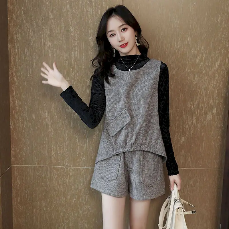 Spring Summer Fashion Plaid Vest High Waist Shorts And Black Long Sleeve Tshirt 3 Piece Sets Vest Jacket Suits Womens Casual Set