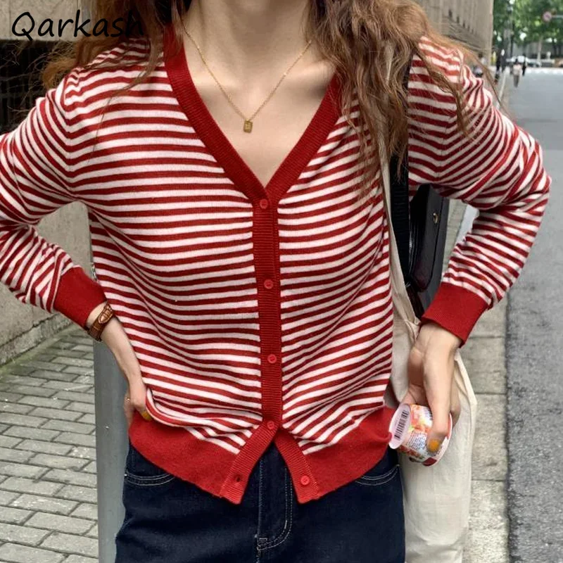 

Cardigan Women Red Striped Sweater Ins New Arrival Popular Knitting Clothes Leisure Fit Single Breasted Street All-match Femme
