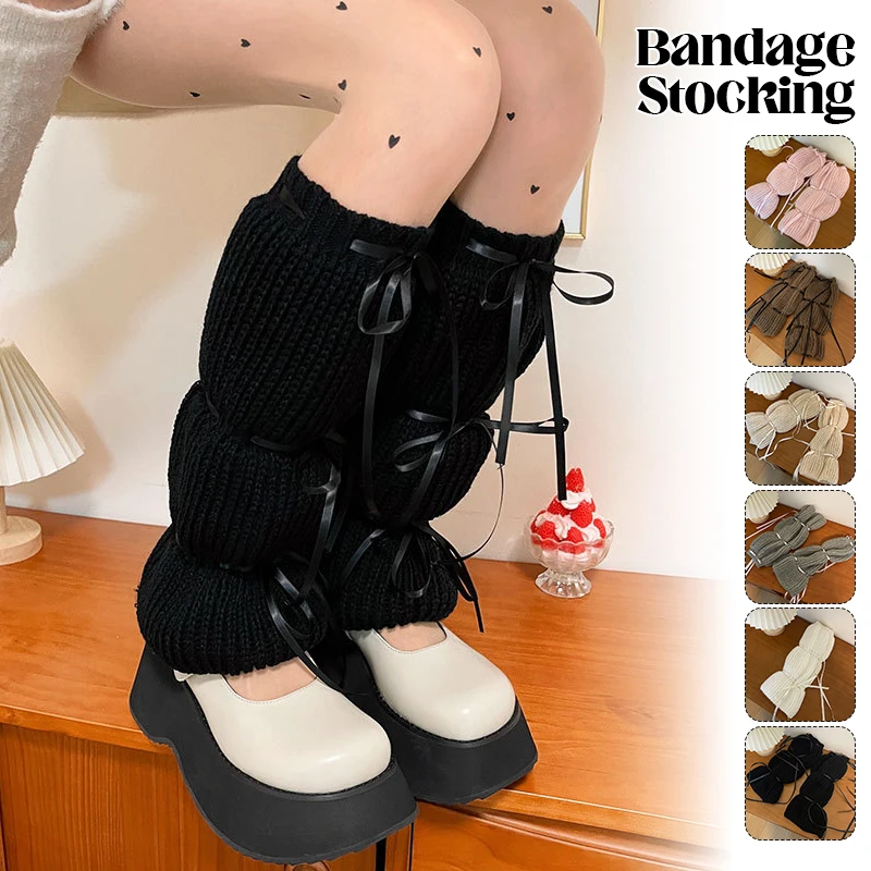 JK Lolita Harajuku Leg Warmers Women Bubble Lantern Lace-up Stockings Leg Cover Gothic Y2K Style Crochet Wool Knitted Long Socks