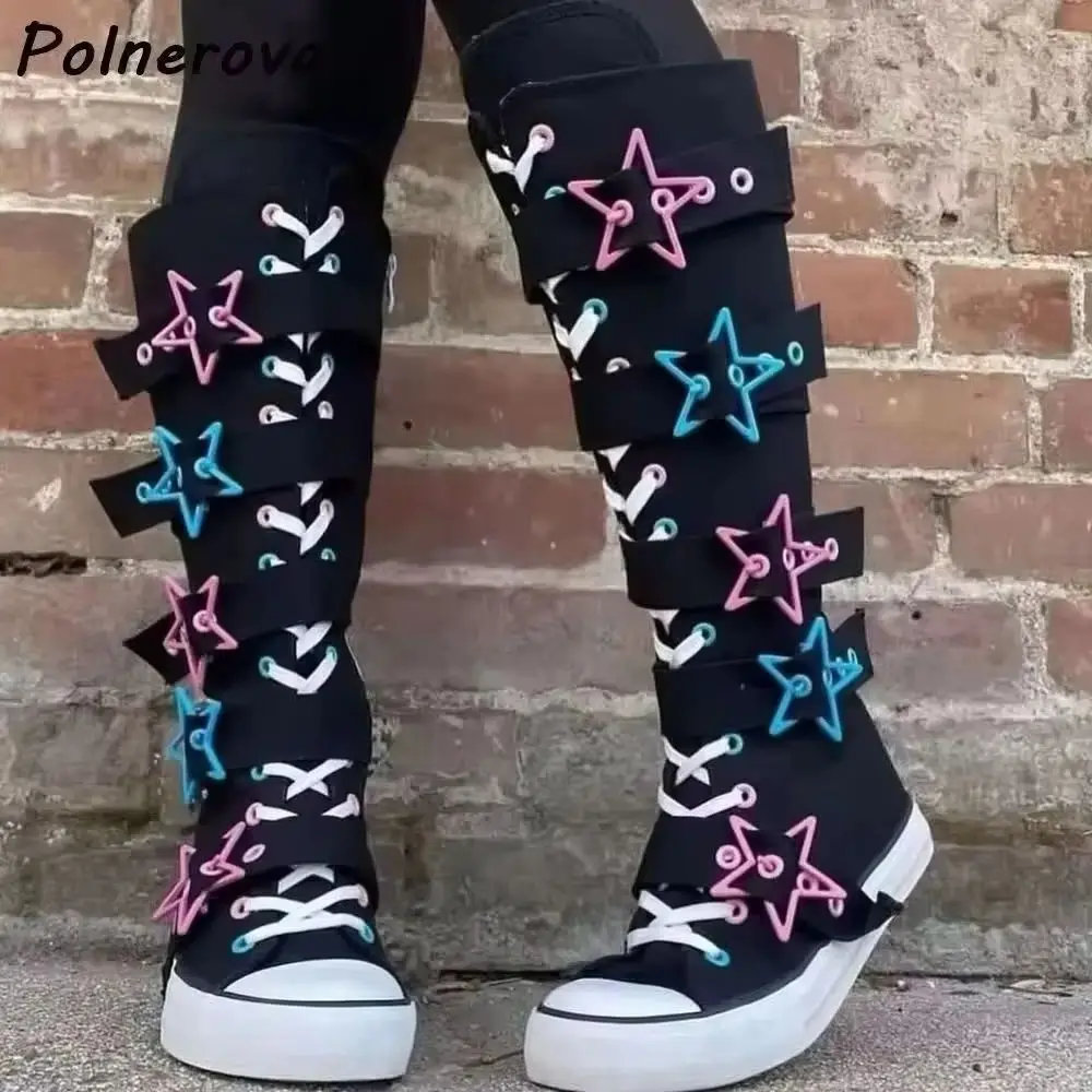 Star Decor Knee High Punk Boots Women Lace Up Pink Blue Strap Embellished Y2K Streetwear Shoes Flat Canvas Gothic Shoes