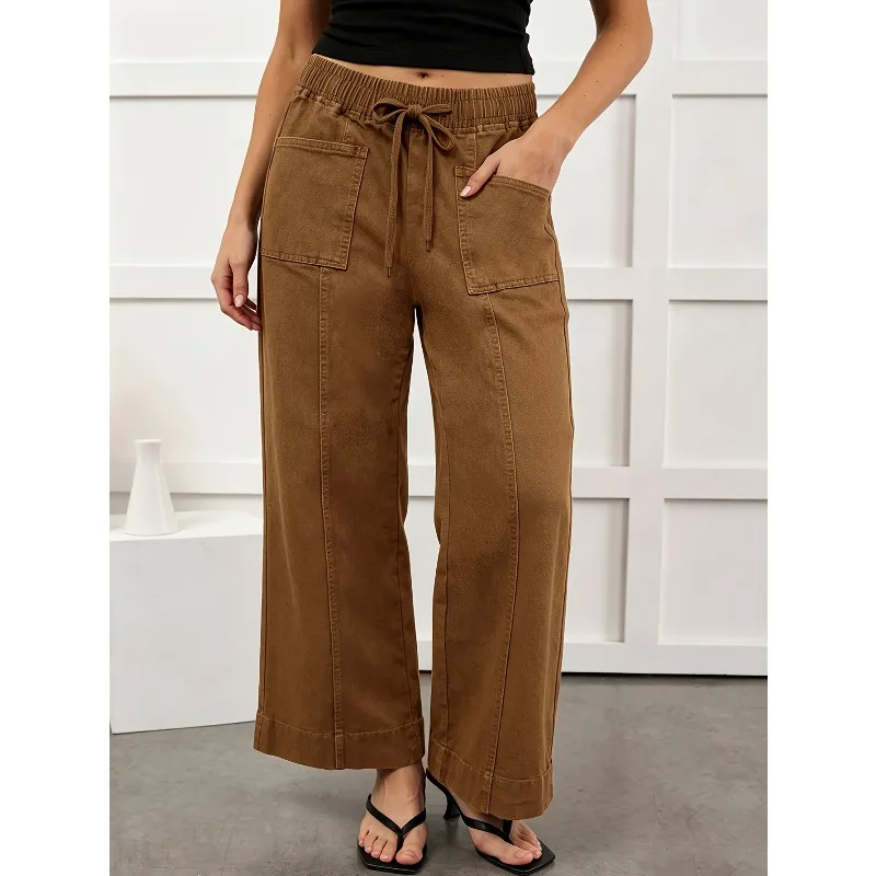 Elastic Drawstring Does Not Pick The Figure. Multi-pocket Micro-straight Jeans for Ladies. Brown Baggy Slim Commuter Jeans.
