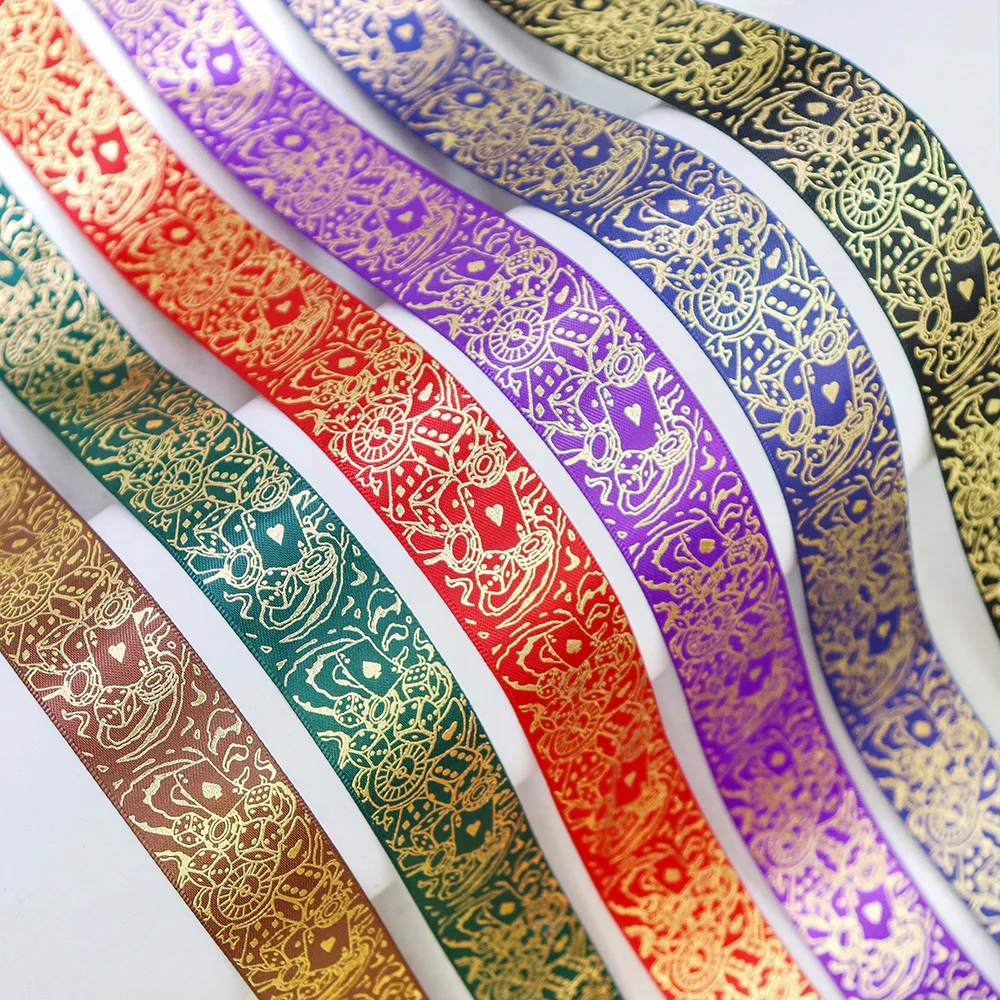 25mm Gold Foil Poker Dice Game Satin Ribbon 50 Yards/Roll for Gift Wrapping DIY Craft Custom Print Welcome