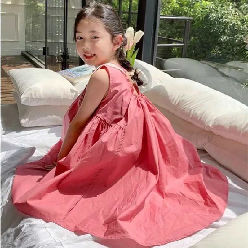 فتاة صيف جديد 2025 الحلو أضعاف سترة دون أكمام تنورة فستان الصلبة عادية بسيطة موضة حلوة الكورية نشط خمر لطيف لينة