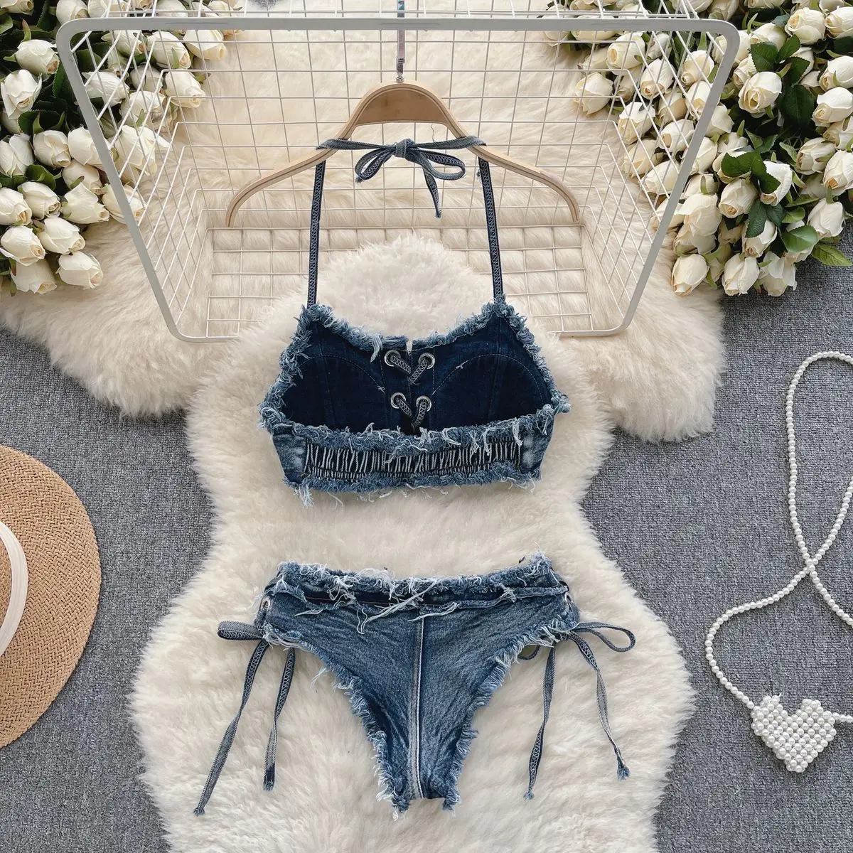 2024 Women\'s Bikinis Set Summer Sexy Denim Strap Bra Vest and Low Waist Shorts Bathing Suit Swimsuit Swimwear