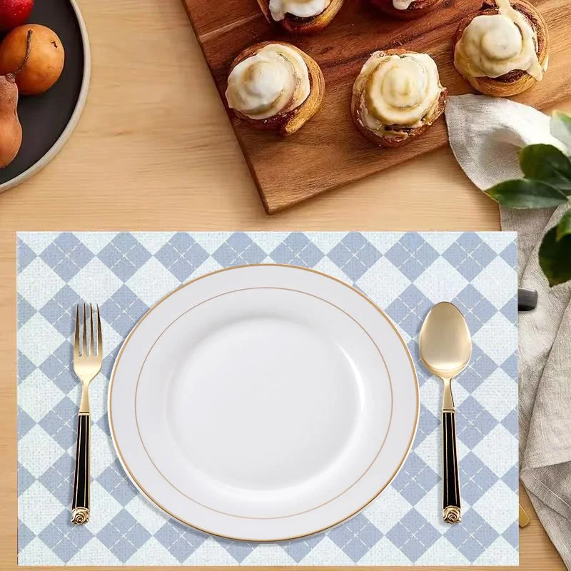 VIKAMA Light Blue White Argyle Placemats Mini Diamond Check Table Mat Minimalist Washable Waterproof Dining Kitchen Mat