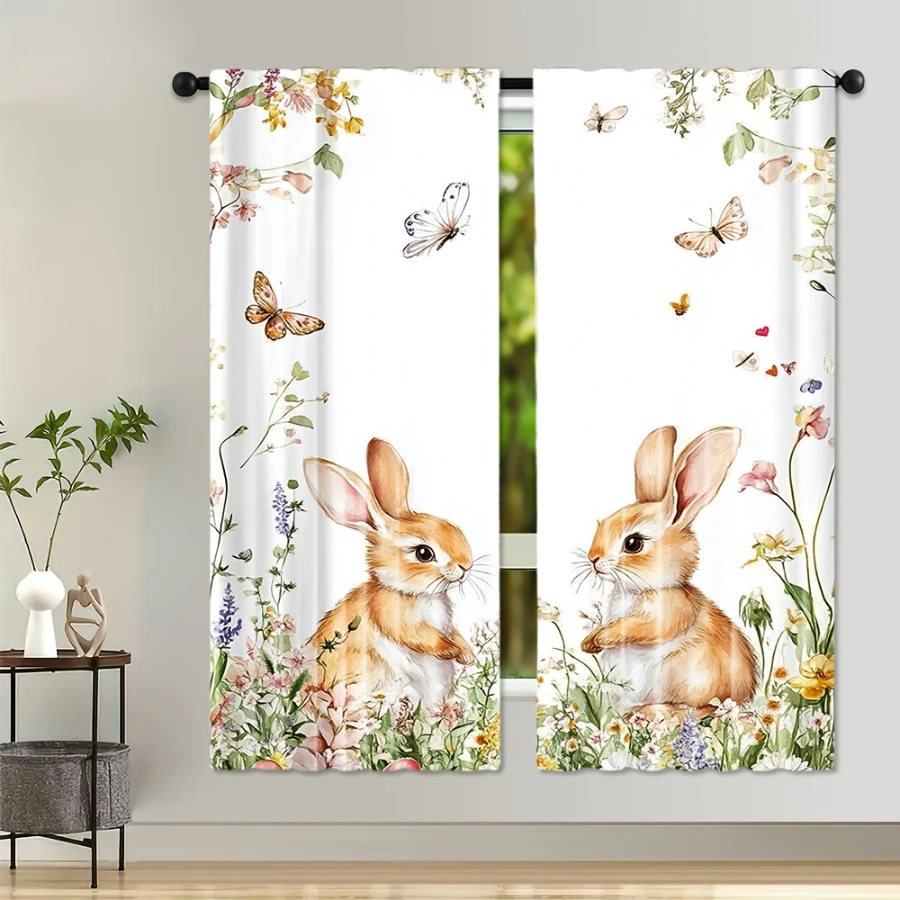 2PCS Digital Print Curtains, Spring Field Cute Bunny, Adorable Rabbit Meadow Decor Sweet Easter Themed Kids Nursery Drapes