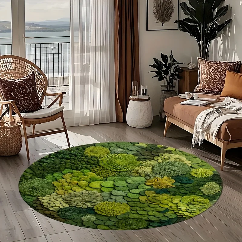 Bohemian Round Green Moss Rug Area Carpet Plush Polyester Nature Design Circular Living Room Decor Floor Mat for Home Decoration