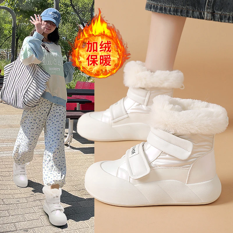 Snow Boots Plush Warm Medium Boots Women's Black and White Winter Thickened Warm Snow Flat Shoes Zapatos Mujer 2026