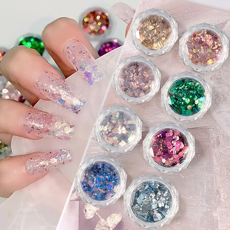 Nagel Glitter Pailletten Nail Art Chrom Pulver funkelnd glänzend gemischte Form Sechseck Flocken Dekor für Acryl Nägel Werkzeug