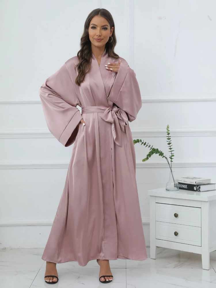 Eid musulmano Abaya per le donne Kimono Cardigan Dress Flare Sleeve marocco Ramadan Lace-up Abaya caftano abito lungo Vestido Largo 2024