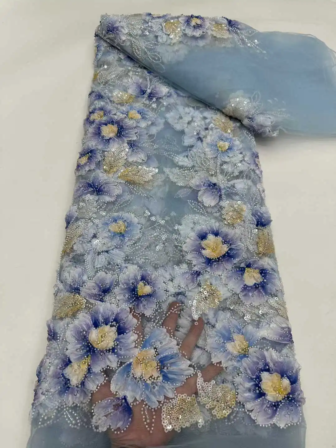 2026Wedding Dress Lace Fabric -Mixed colors Embroidered Tulle Soft Mesh Chiffon with Pearls for Evening Gown NN5918_R