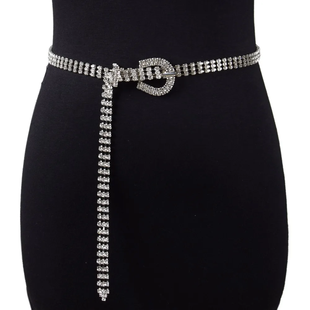 Summer Women Rhinestone D Buckle Belt Fashion Gold and Silver Rhinestone Inlay Thin Waist Chain Belt for