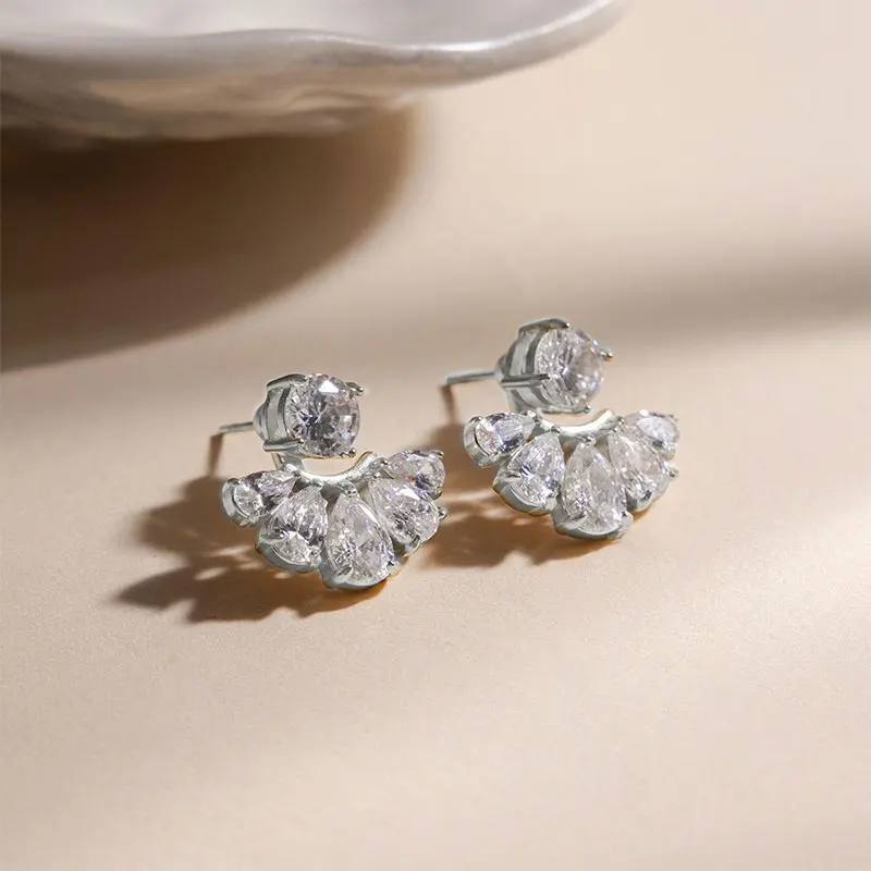 Anziw Pear&Round Cut 5mm Moissanite Fan Shape Front Back Earrings for Women 14K Gold Filled Stud Earring Wedding Jewelry Gift