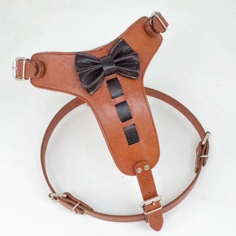 New medium and large dog walking dog chest strap bow bow tie oil wax imitation leather adjustable dog collar traction