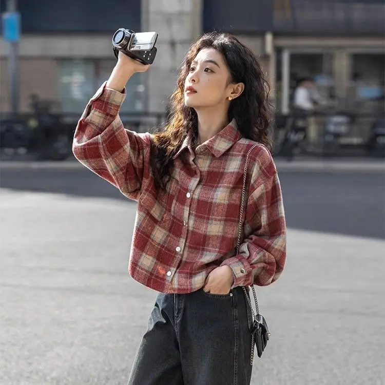 

Women's Collar Grid Pattern Long Sleeved Shirt Spring Autumn Commuting Style Young Girls Casual Retro Single Breasted Tops